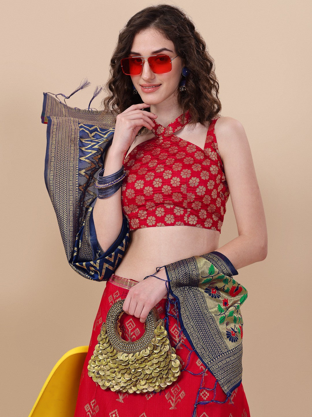 Lorenvalley Fashion Red Brocade Fabric Lehenga & Unstitched Blouse With Dupatta | Swadesiicart