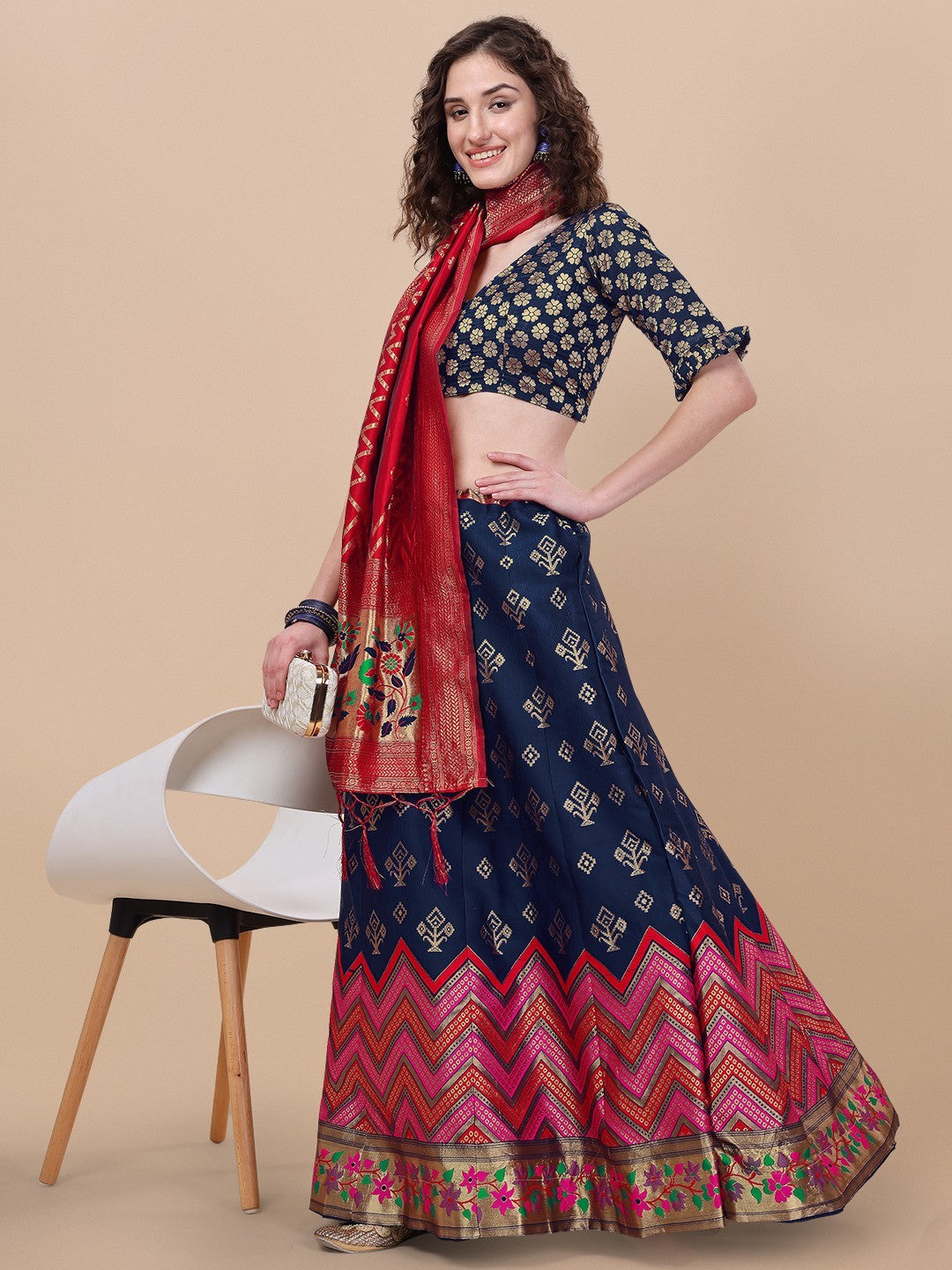Lorenvalley Fashion Blue Brocade Fabric Lehenga & Unstitched Blouse With Dupatta | Swadesiicart