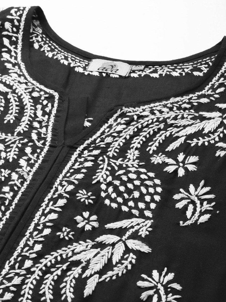ADA Women Plus Size Black Floral Embroidered Chikankari Kurta | Swadesiicart