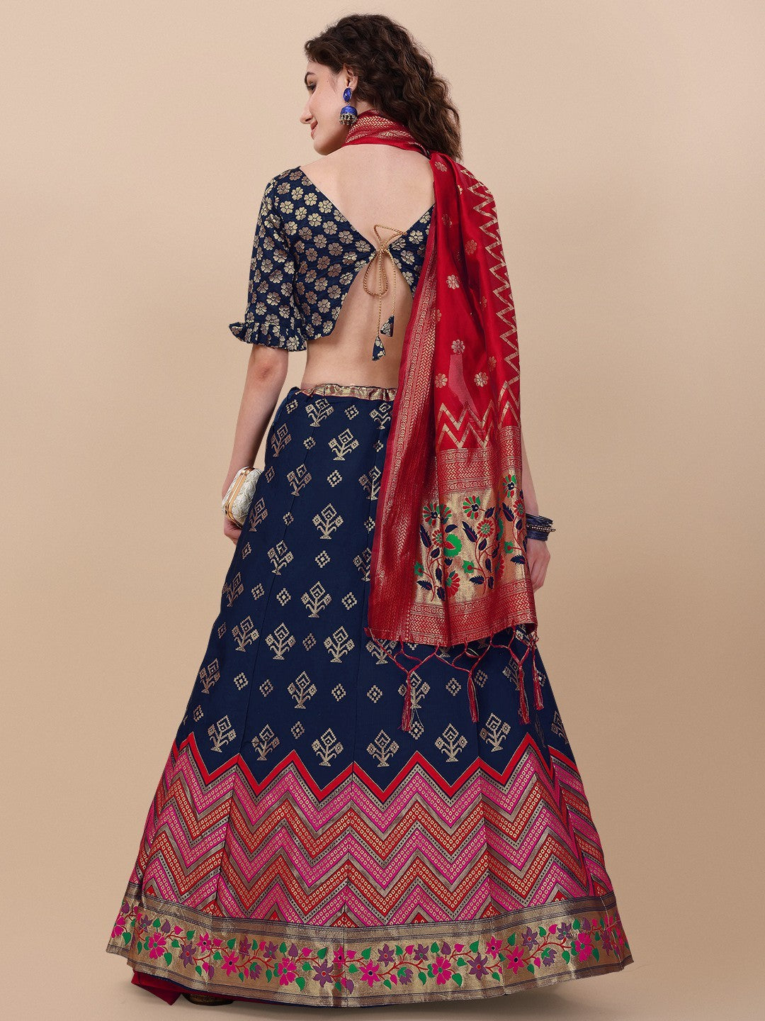Lorenvalley Fashion Blue Brocade Fabric Lehenga & Unstitched Blouse With Dupatta | Swadesiicart
