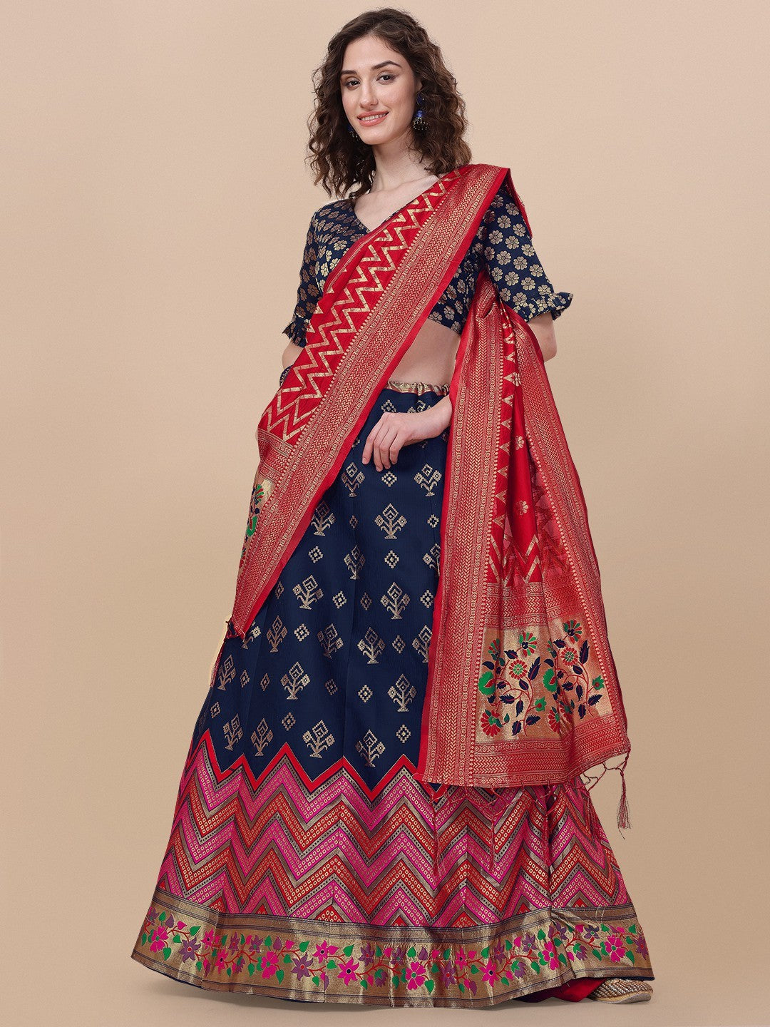 Lorenvalley Fashion Blue Brocade Fabric Lehenga & Unstitched Blouse With Dupatta | Swadesiicart