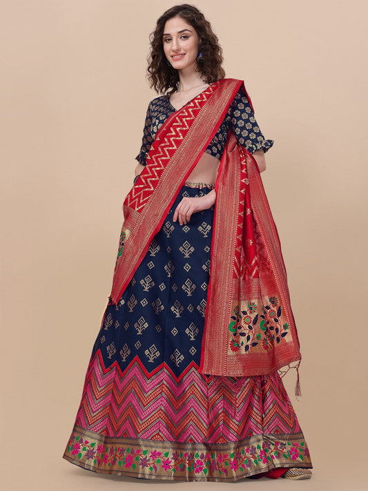 Lorenvalley Fashion Blue Brocade Fabric Lehenga & Unstitched Blouse With Dupatta | Swadesiicart