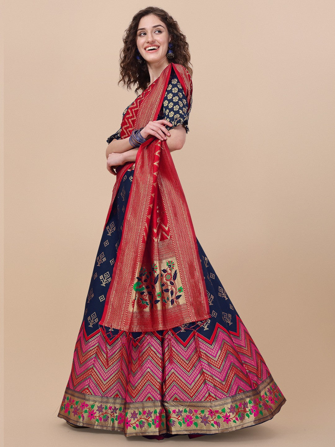 Lorenvalley Fashion Blue Brocade Fabric Lehenga & Unstitched Blouse With Dupatta | Swadesiicart