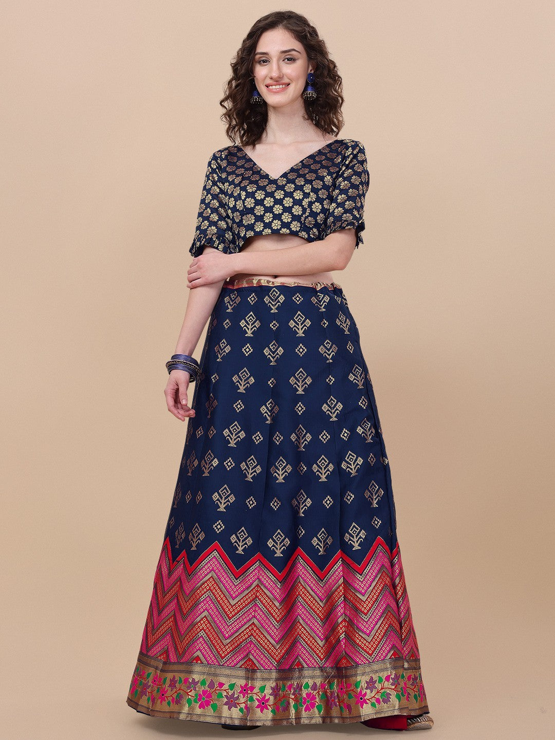 Lorenvalley Fashion Blue Brocade Fabric Lehenga & Unstitched Blouse With Dupatta | Swadesiicart