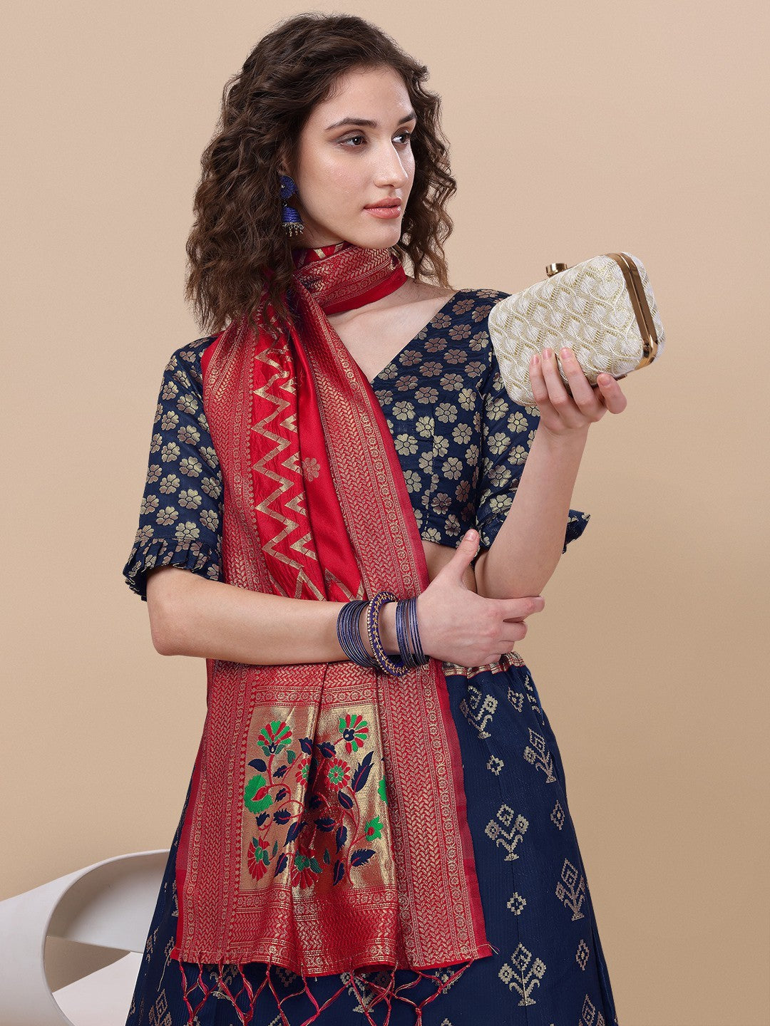 Lorenvalley Fashion Blue Brocade Fabric Lehenga & Unstitched Blouse With Dupatta | Swadesiicart