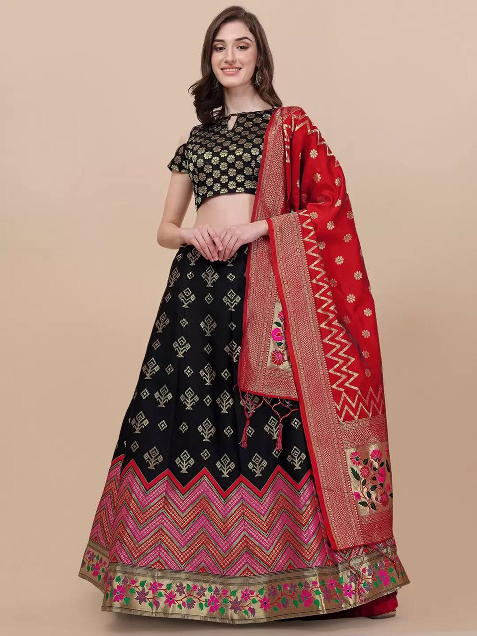 Lorenvalley Fashion Black Brocade Fabric Lehenga & Unstitched Blouse With Dupatta | Swadesiicart