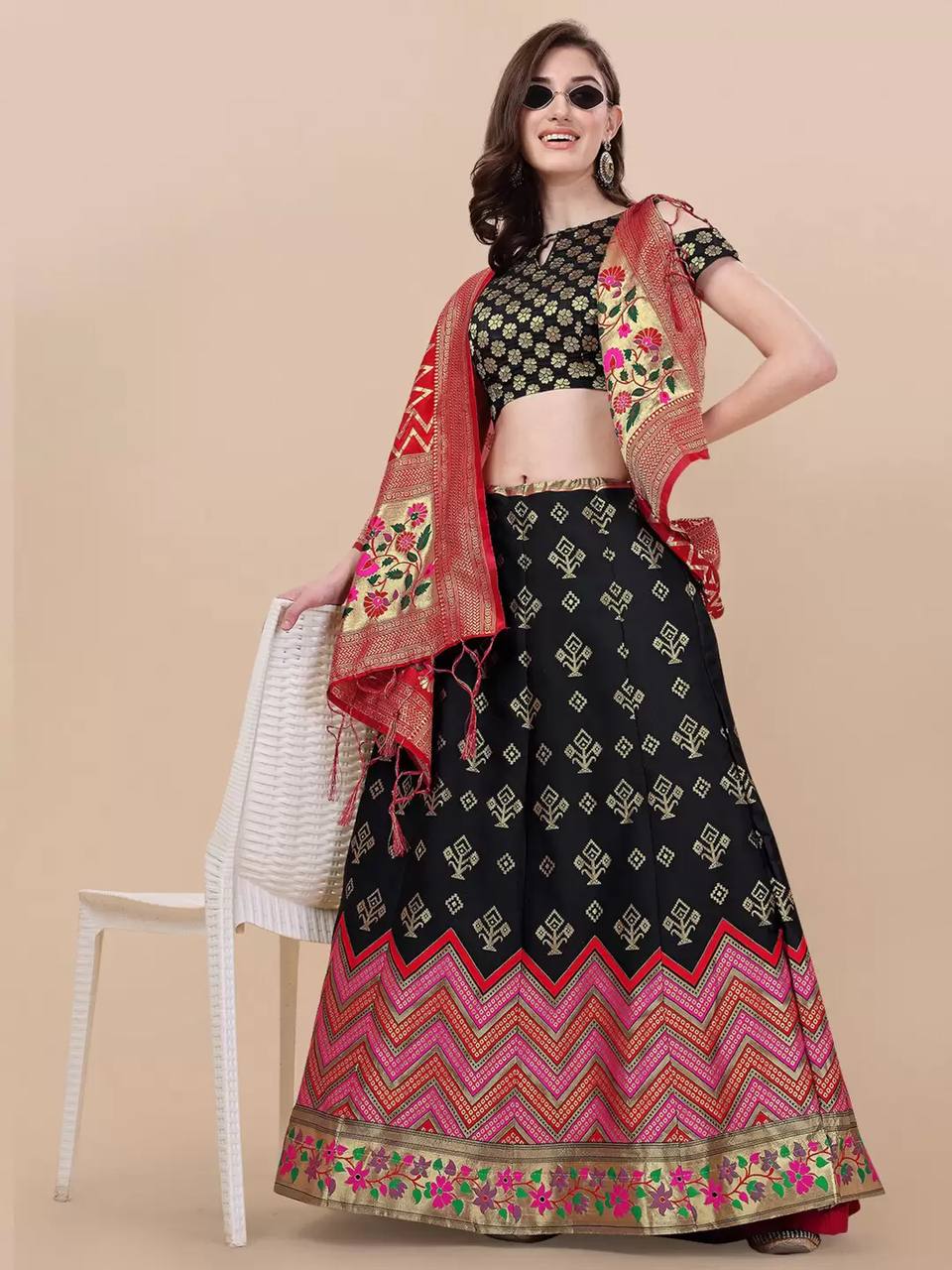 Lorenvalley Fashion Black Brocade Fabric Lehenga & Unstitched Blouse With Dupatta | Swadesiicart