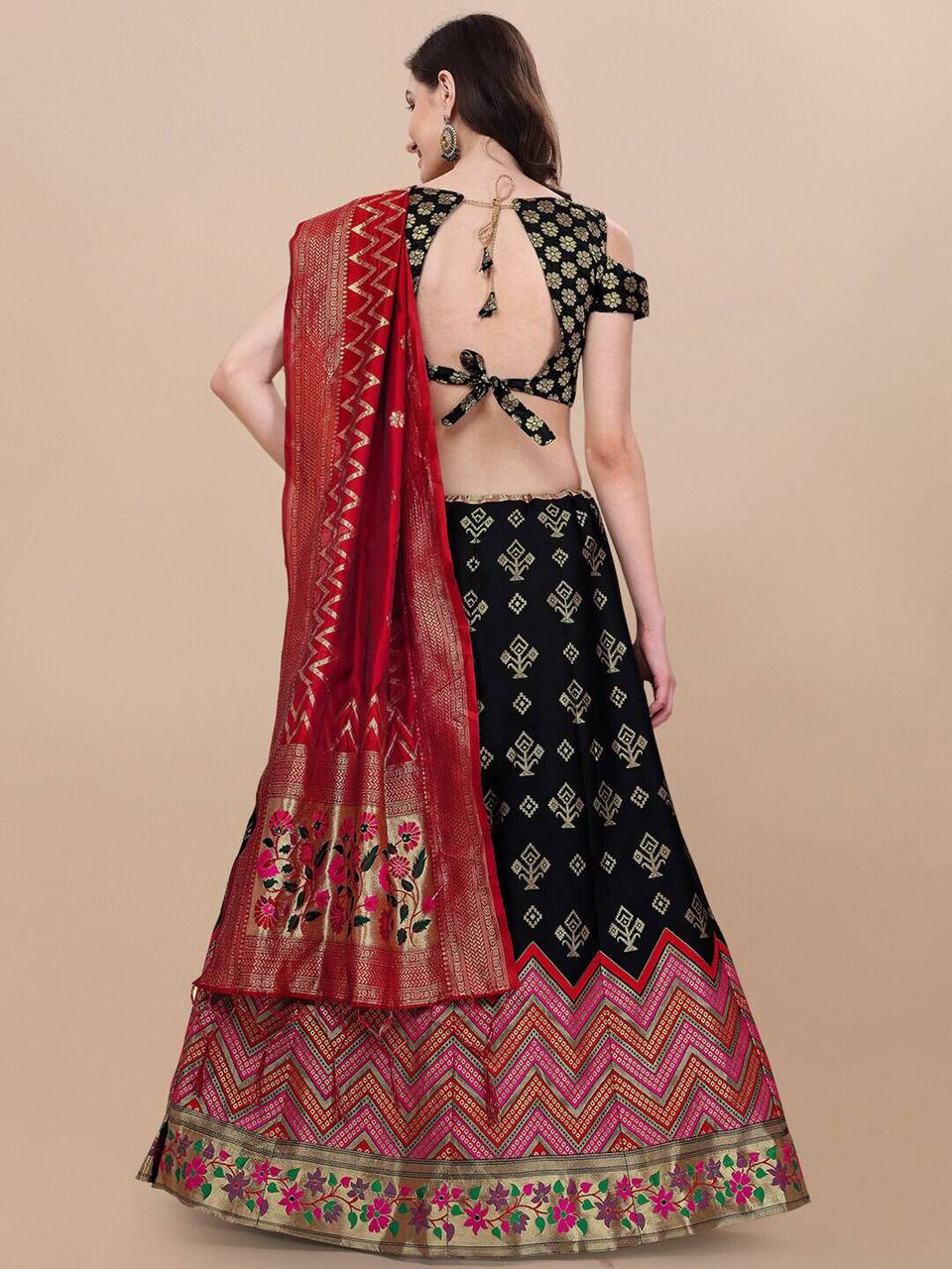 Lorenvalley Fashion Black Brocade Fabric Lehenga & Unstitched Blouse With Dupatta | Swadesiicart