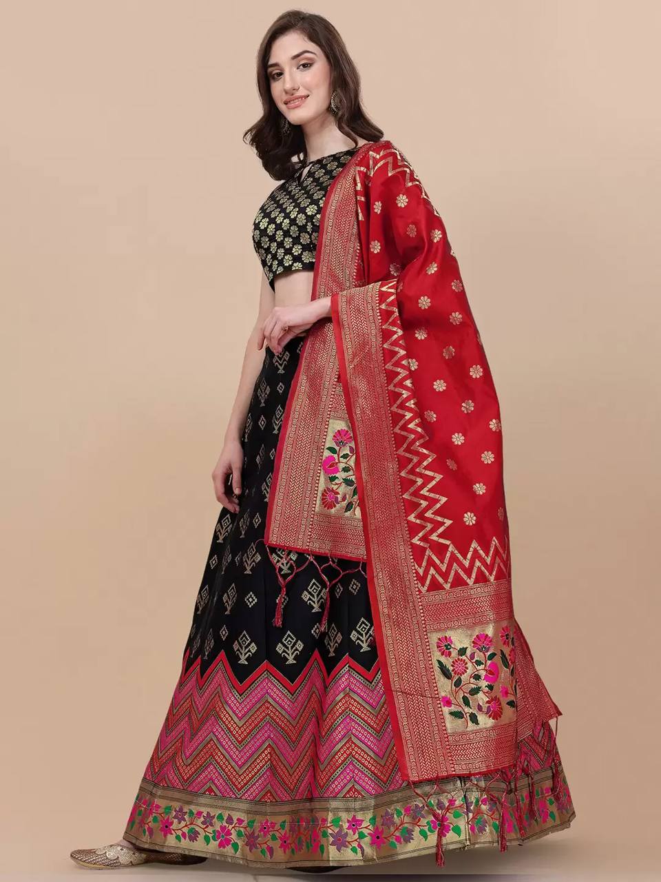 Lorenvalley Fashion Black Brocade Fabric Lehenga & Unstitched Blouse With Dupatta | Swadesiicart