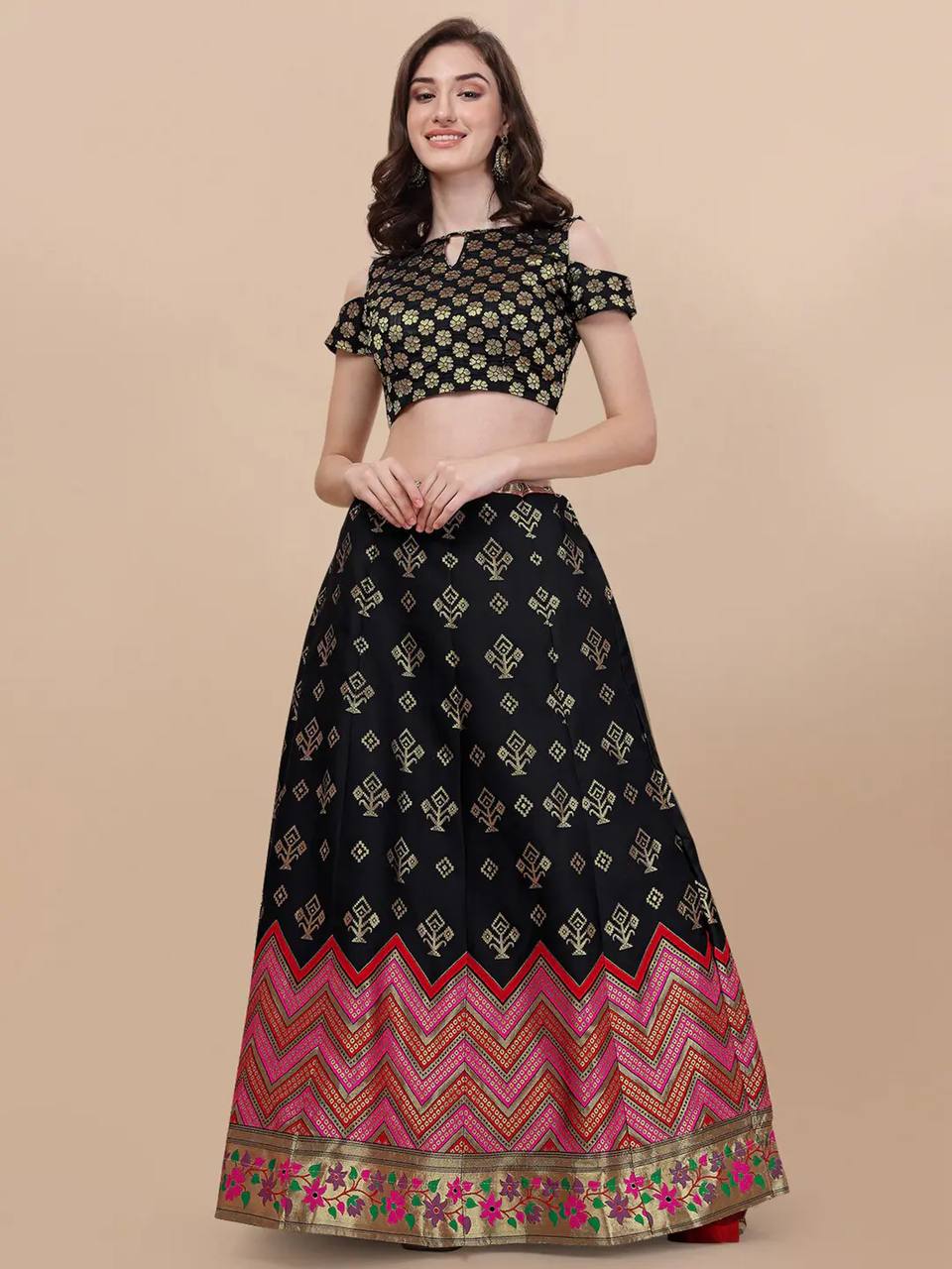 Lorenvalley Fashion Black Brocade Fabric Lehenga & Unstitched Blouse With Dupatta | Swadesiicart