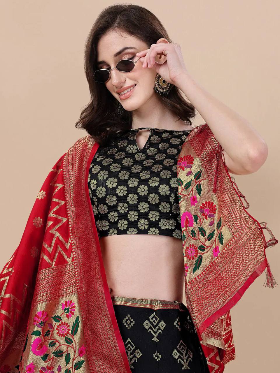 Lorenvalley Fashion Black Brocade Fabric Lehenga & Unstitched Blouse With Dupatta | Swadesiicart