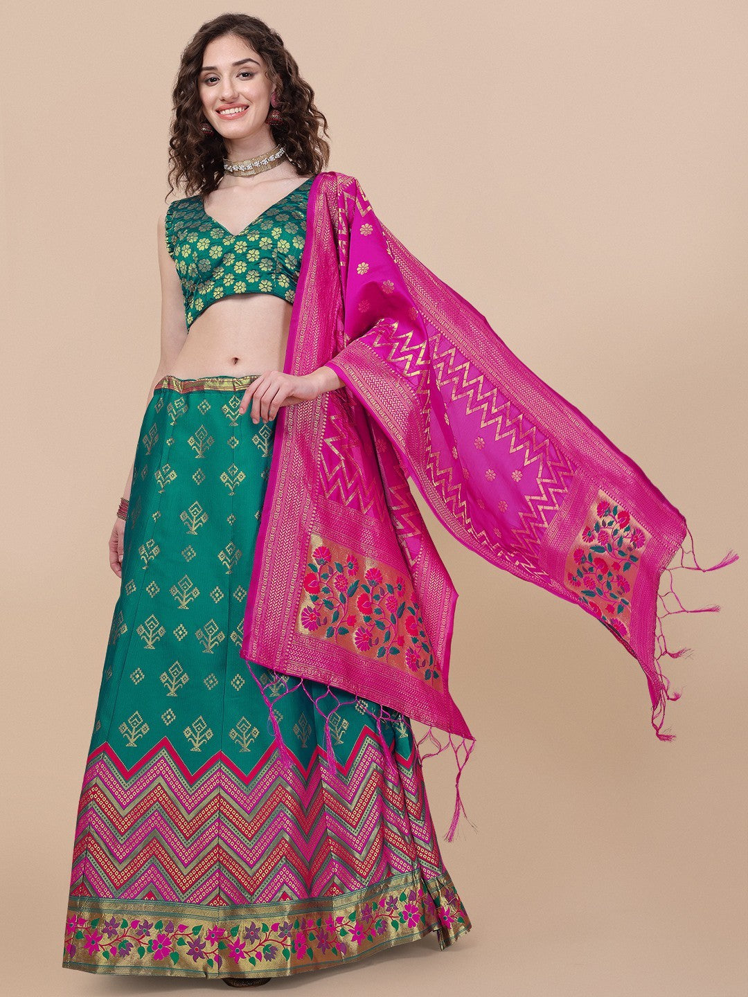Lorenvalley Fashion Teal Brocade Fabric Lehenga & Unstitched Blouse With Dupatta | Swadesiicart