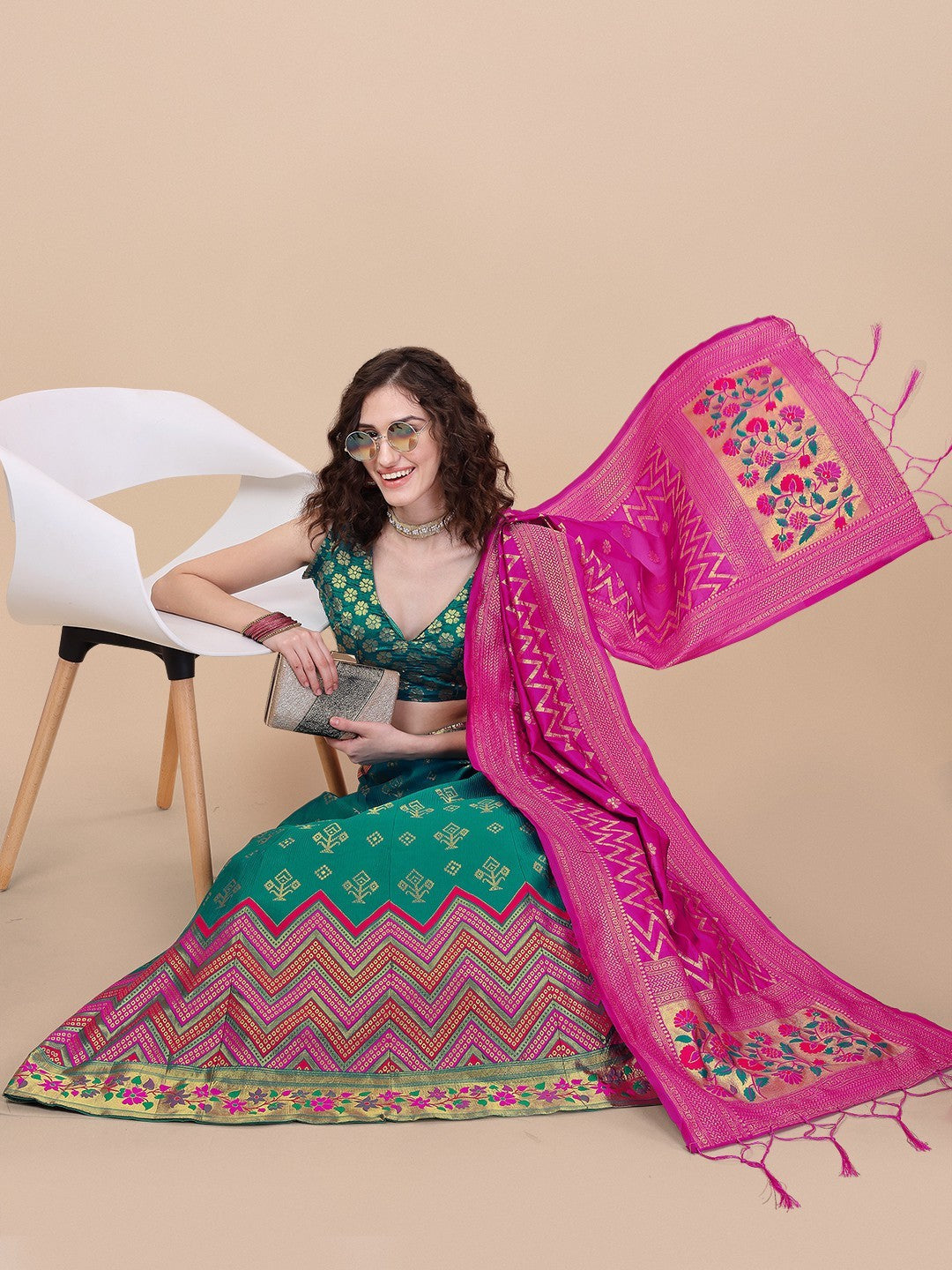 Lorenvalley Fashion Teal Brocade Fabric Lehenga & Unstitched Blouse With Dupatta | Swadesiicart