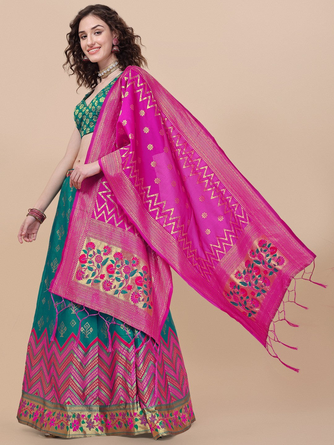 Lorenvalley Fashion Teal Brocade Fabric Lehenga & Unstitched Blouse With Dupatta | Swadesiicart