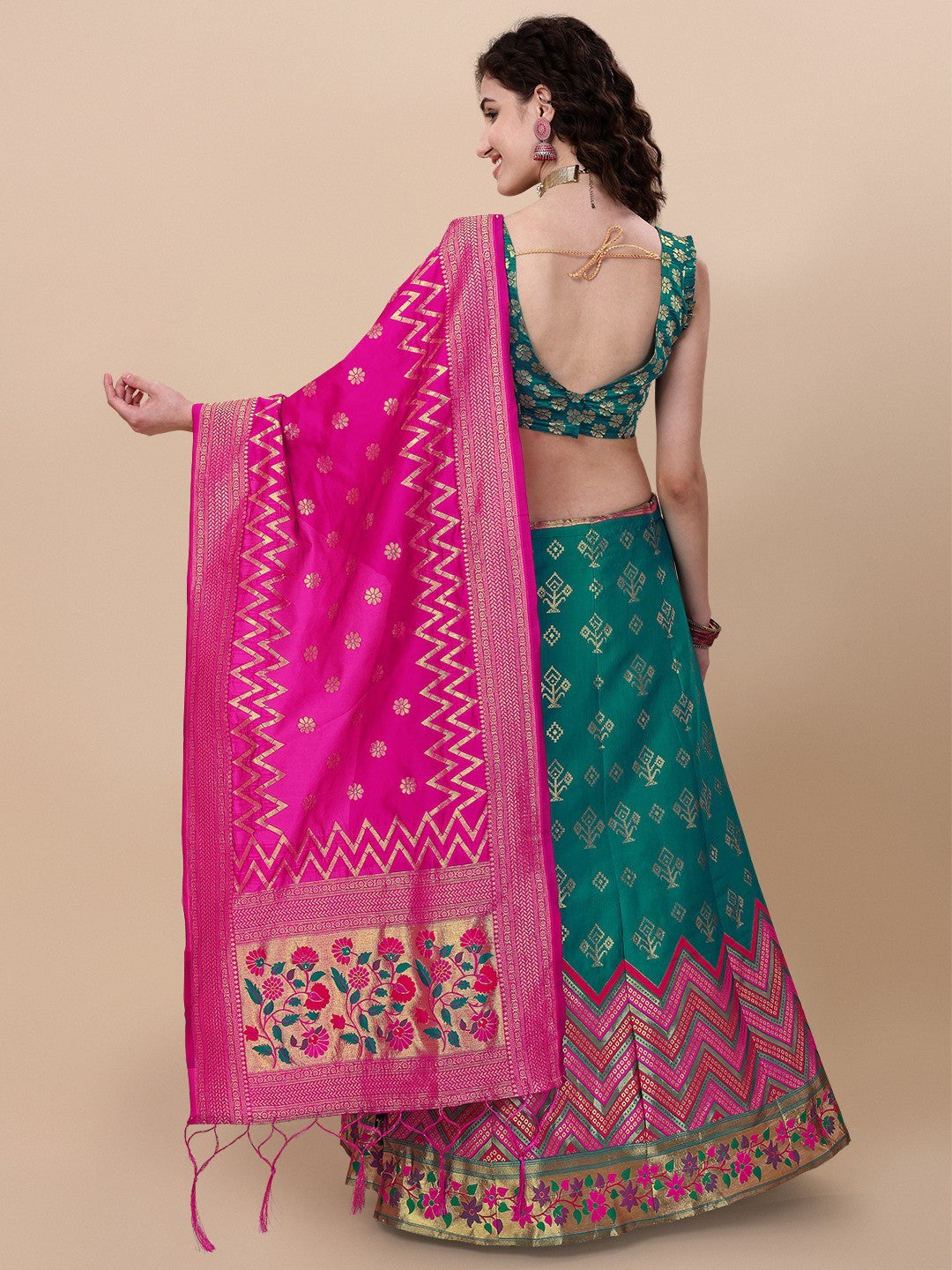 Lorenvalley Fashion Teal Brocade Fabric Lehenga & Unstitched Blouse With Dupatta | Swadesiicart