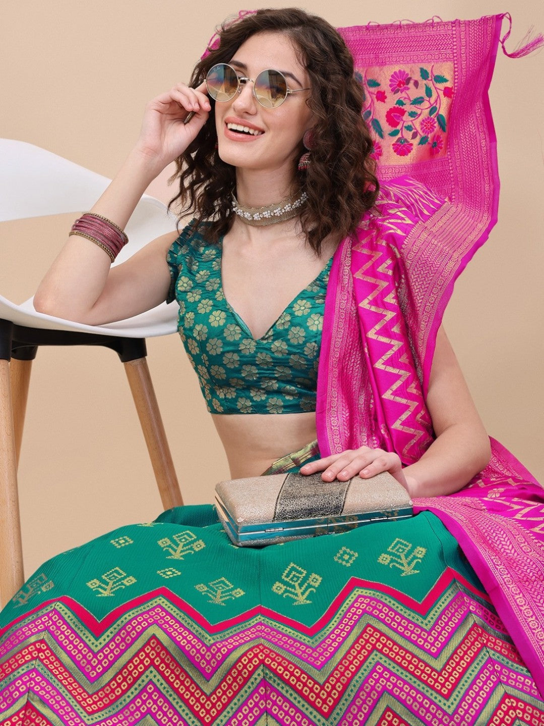 Lorenvalley Fashion Teal Brocade Fabric Lehenga & Unstitched Blouse With Dupatta | Swadesiicart