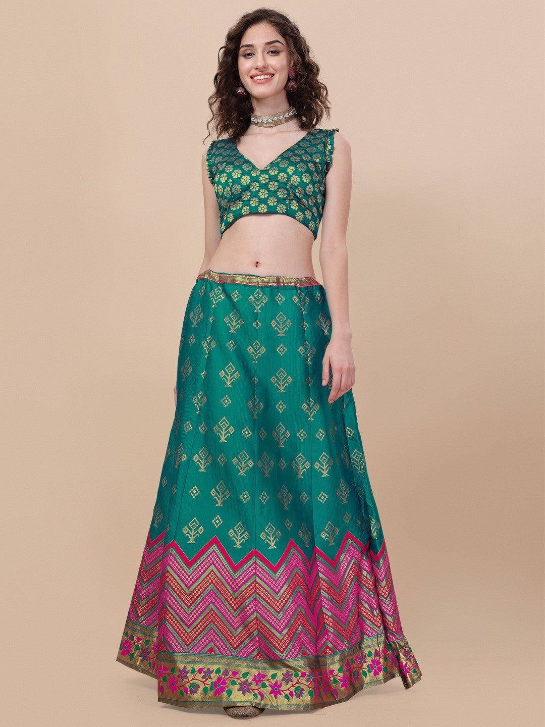 Lorenvalley Fashion Teal Brocade Fabric Lehenga & Unstitched Blouse With Dupatta | Swadesiicart