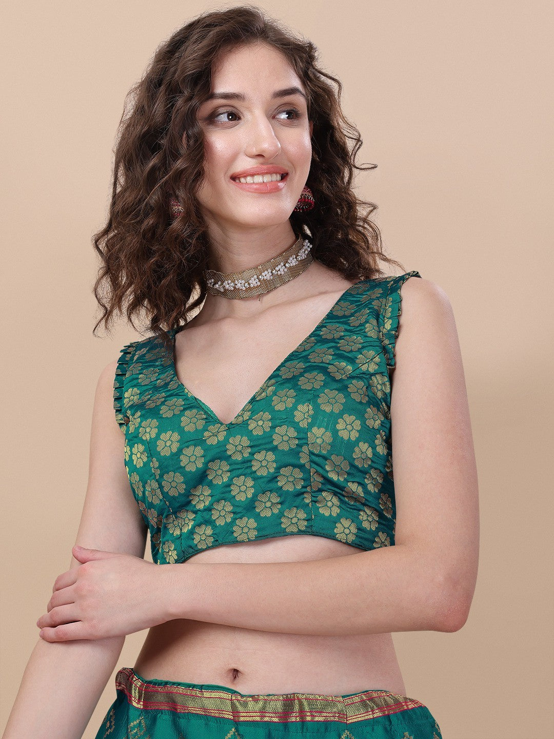 Lorenvalley Fashion Teal Brocade Fabric Lehenga & Unstitched Blouse With Dupatta | Swadesiicart