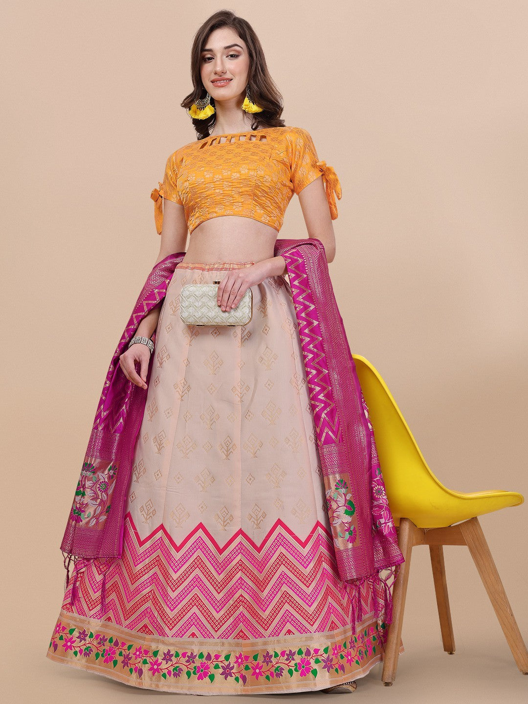 Lorenvalley Fashion Peach Brocade Fabric Lehenga & Unstitched Blouse With Dupatta | Swadesiicart
