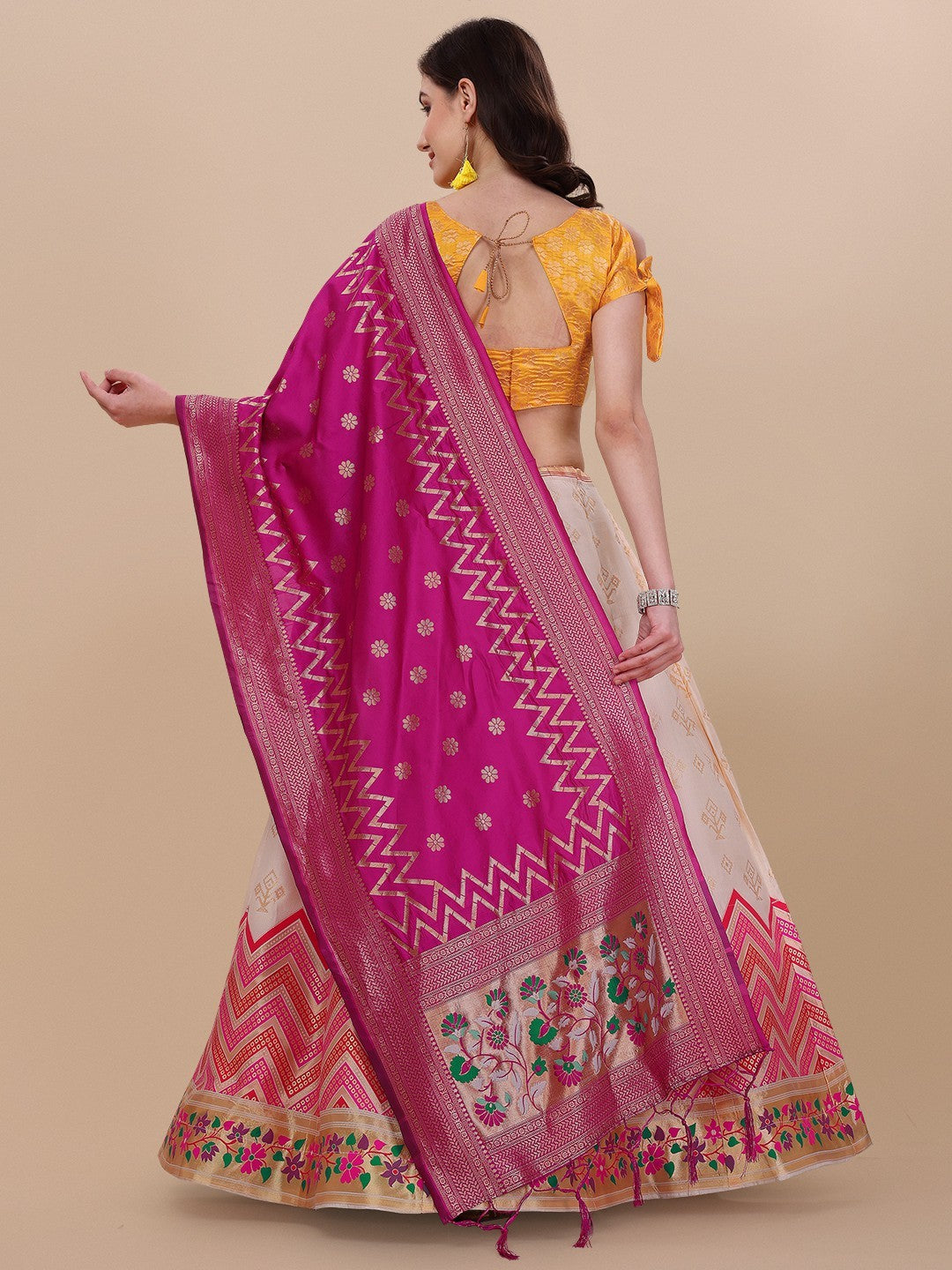 Lorenvalley Fashion Peach Brocade Fabric Lehenga & Unstitched Blouse With Dupatta | Swadesiicart