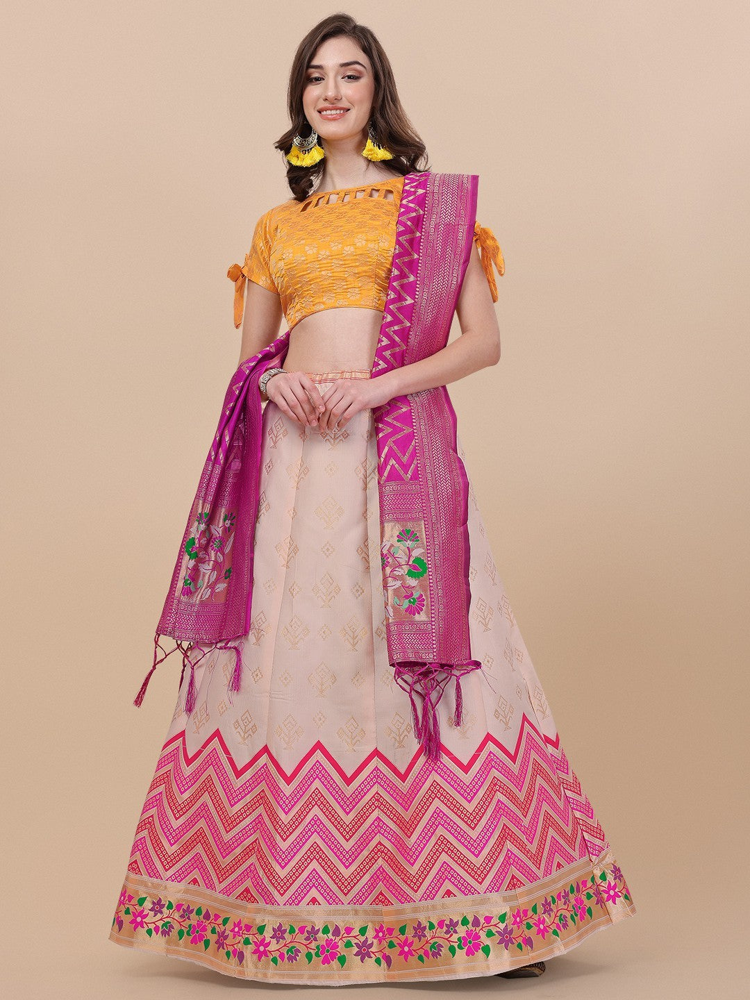 Lorenvalley Fashion Peach Brocade Fabric Lehenga & Unstitched Blouse With Dupatta | Swadesiicart