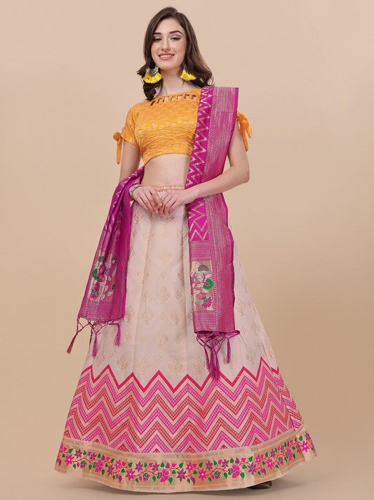 Lorenvalley Fashion Peach Brocade Fabric Lehenga & Unstitched Blouse With Dupatta | Swadesiicart