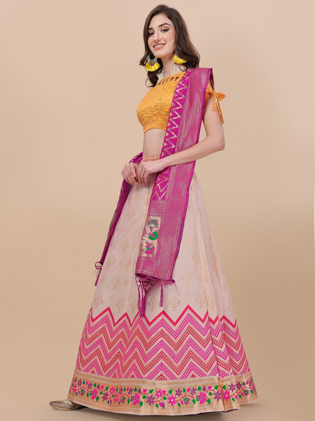 Lorenvalley Fashion Peach Brocade Fabric Lehenga & Unstitched Blouse With Dupatta | Swadesiicart