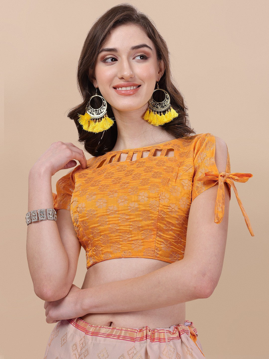 Lorenvalley Fashion Peach Brocade Fabric Lehenga & Unstitched Blouse With Dupatta | Swadesiicart