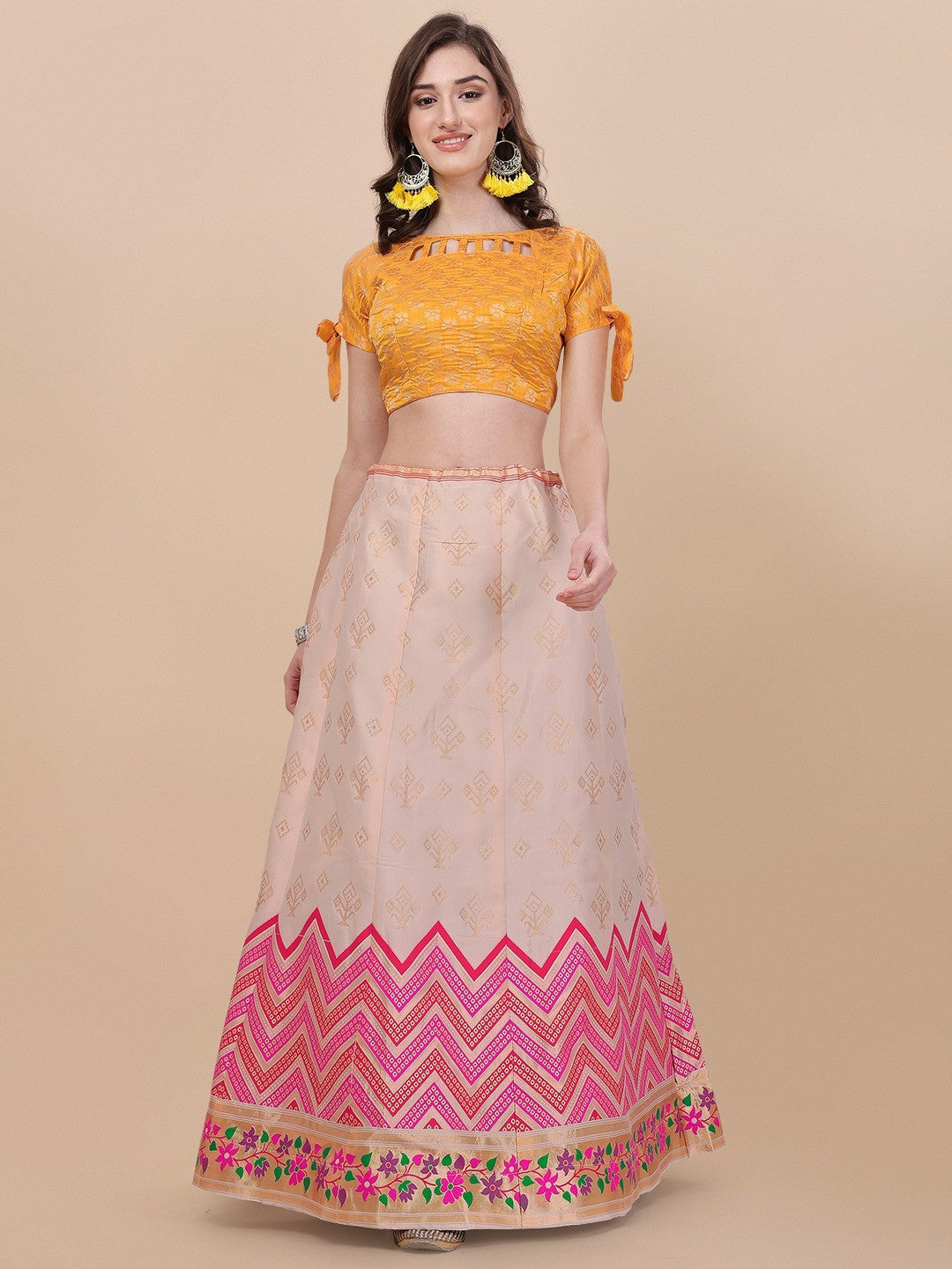 Lorenvalley Fashion Peach Brocade Fabric Lehenga & Unstitched Blouse With Dupatta | Swadesiicart
