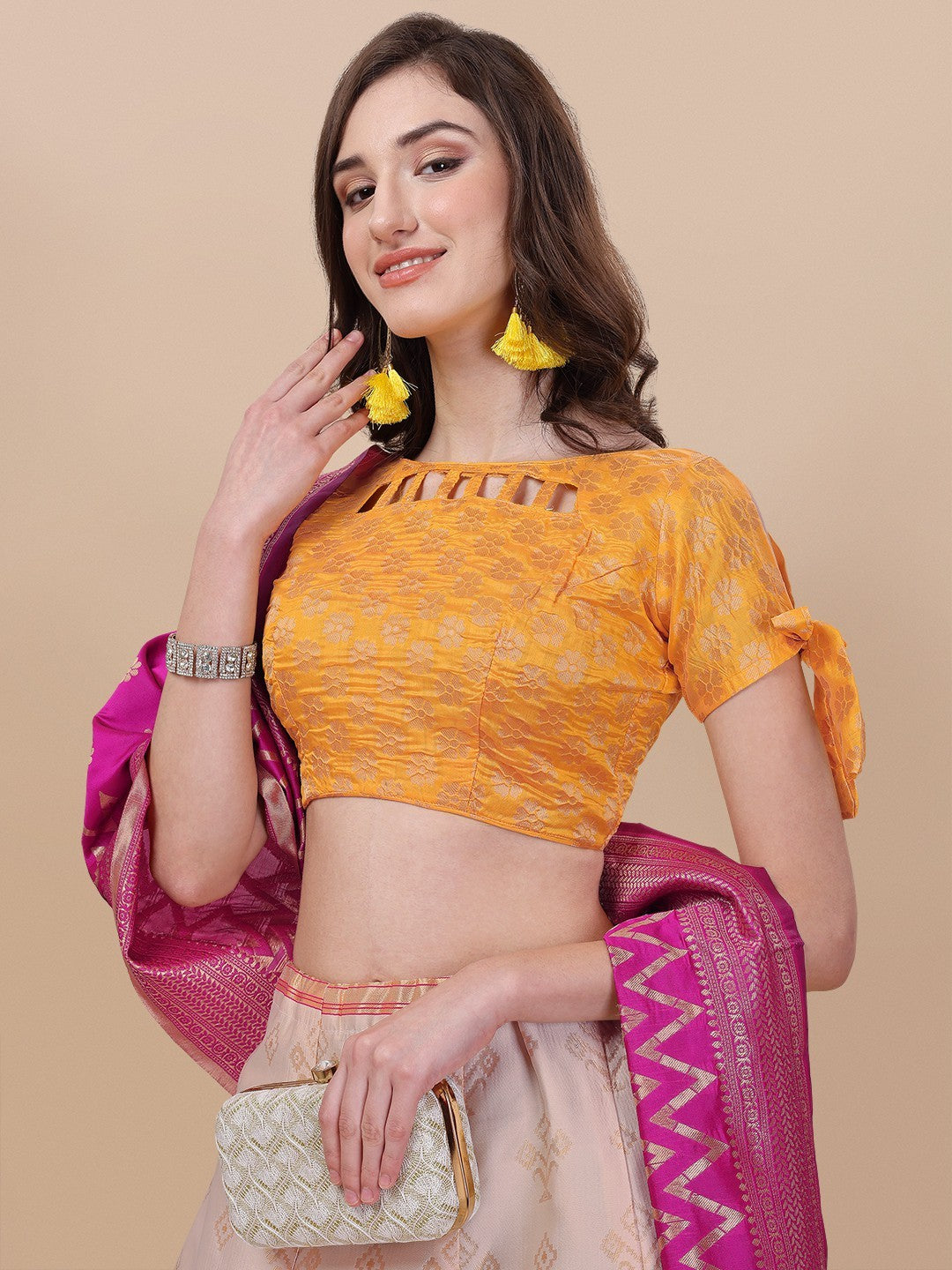 Lorenvalley Fashion Peach Brocade Fabric Lehenga & Unstitched Blouse With Dupatta | Swadesiicart