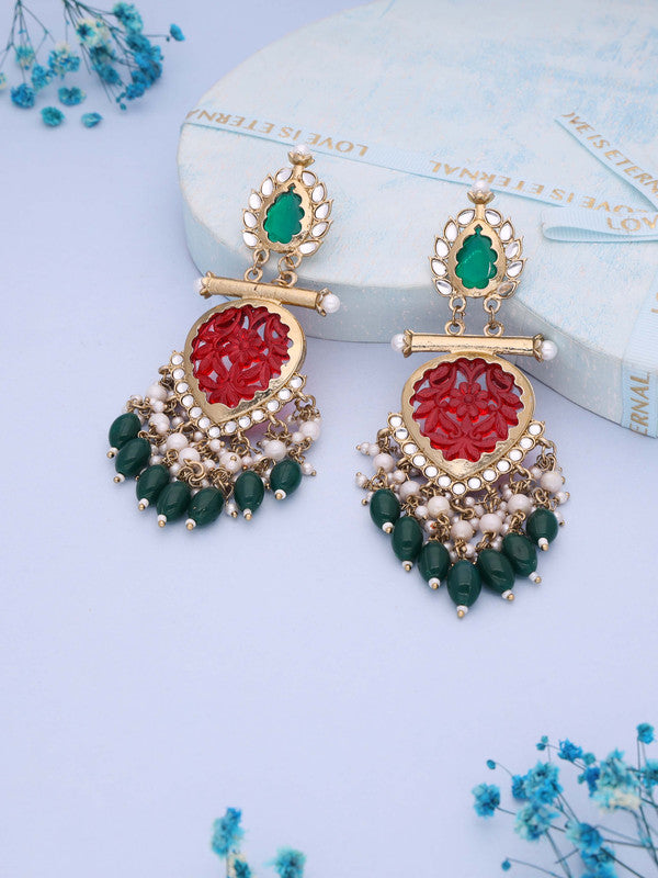 Tehzeeb Creations Latest Red & Green Colour Gold Polish Kundan & Pearl Studded Designer Drop Long Earrings For Women And Girls Yellow | Swadesiicart