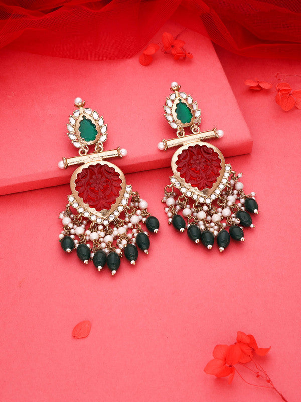 Tehzeeb Creations Latest Red & Green Colour Gold Polish Kundan & Pearl Studded Designer Drop Long Earrings For Women And Girls Yellow | Swadesiicart