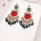 Tehzeeb Creations Latest Red & Green Colour Gold Polish Kundan & Pearl Studded Designer Drop Long Earrings For Women And Girls Yellow | Swadesiicart