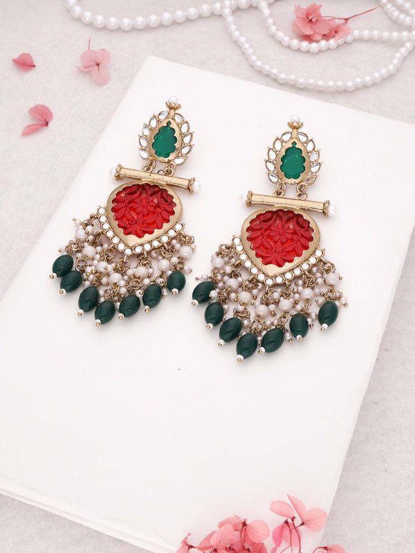 Tehzeeb Creations Latest Red & Green Colour Gold Polish Kundan & Pearl Studded Designer Drop Long Earrings For Women And Girls Yellow | Swadesiicart