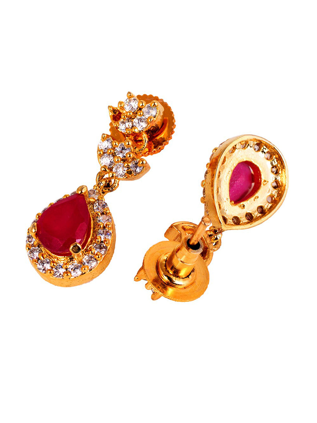 Saraf RS Jewellery Gold-Polished White & Red American Diamond Studded & Beaded Handcrafted Jewellery Set - Swadesiicart
