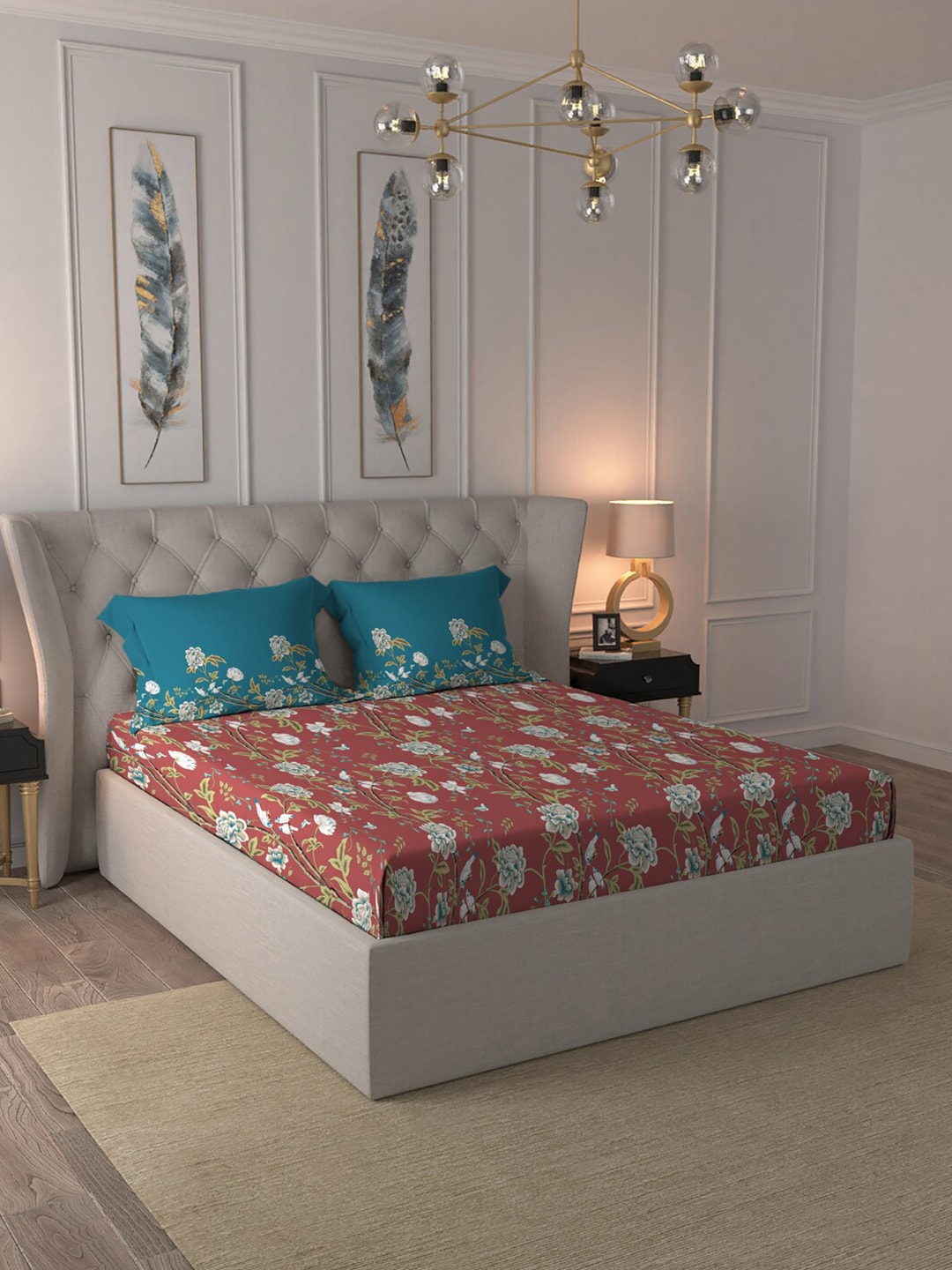 MYTRIDENT Maroon White Floral Pure Cotton 144 TC Queen Bedsheet With 2 Pillow Covers - Swadesiicart