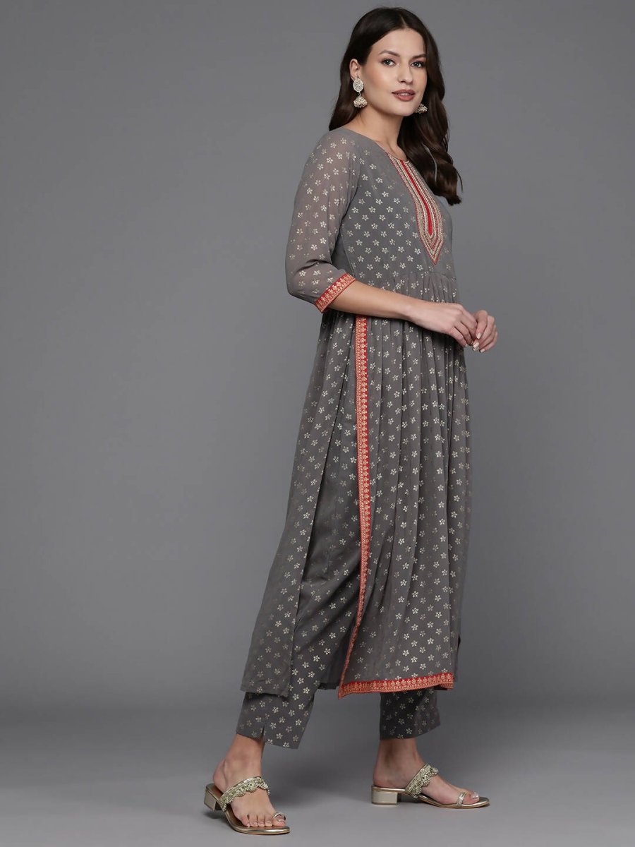 Ahalyaa Women Ethnic Motifs Printed Pleated Sequinned Kurta with Trousers - Grey Color | Swadesiicart