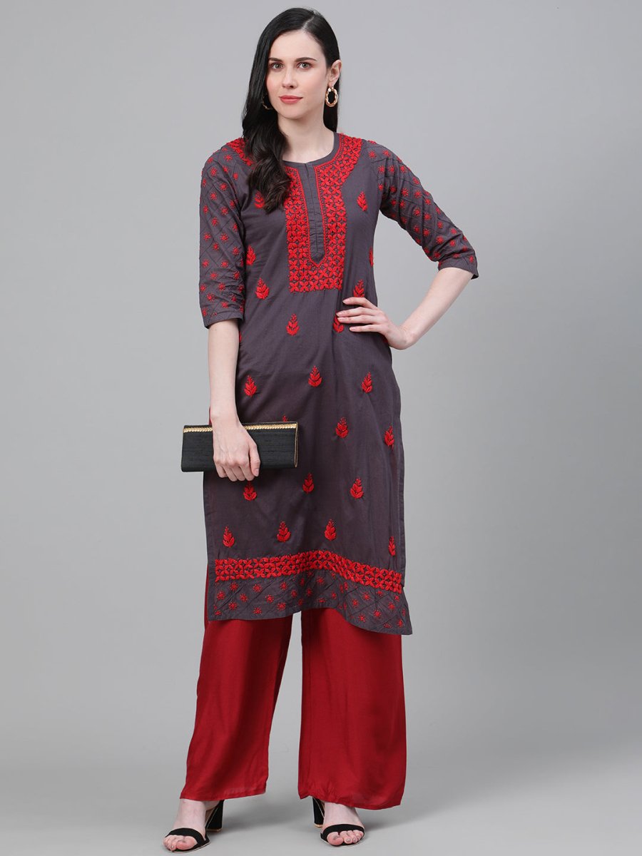 ADA Women Charcoal Grey & Red Chikankari Hand Embroidered Cotton Straight Sustainable Handloom Kurta | Swadesiicart