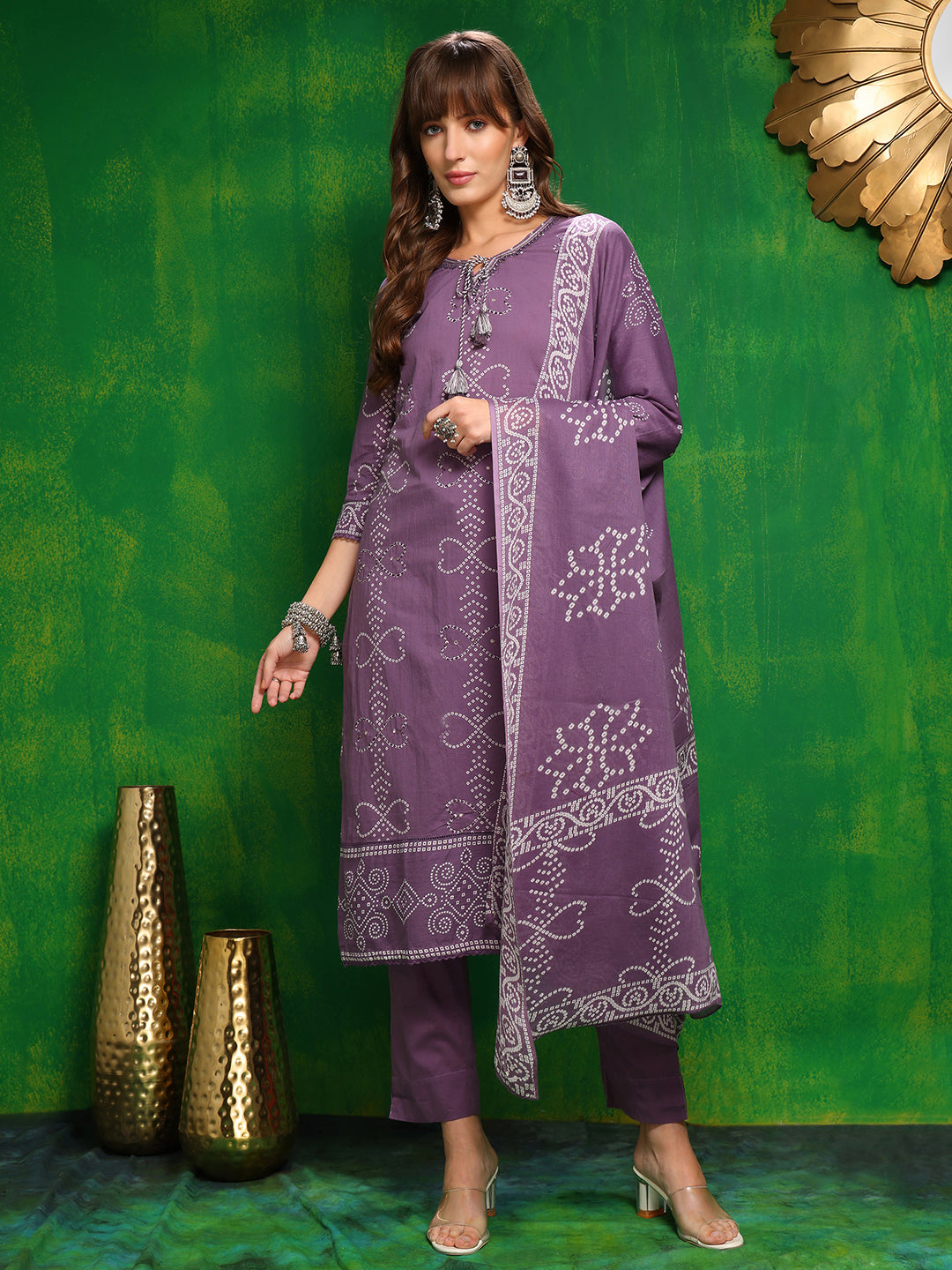 Bandhani Printed And Embroidered Kurta With Pant & Dupatta, Lavender - Hiral Fashion