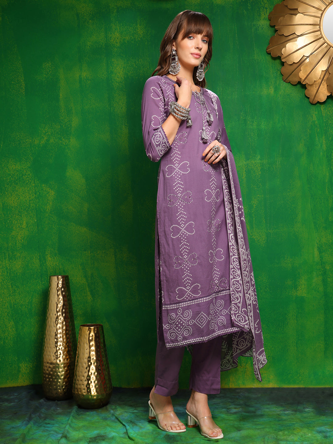 Bandhani Printed And Embroidered Kurta With Pant & Dupatta, Lavender - Hiral Fashion