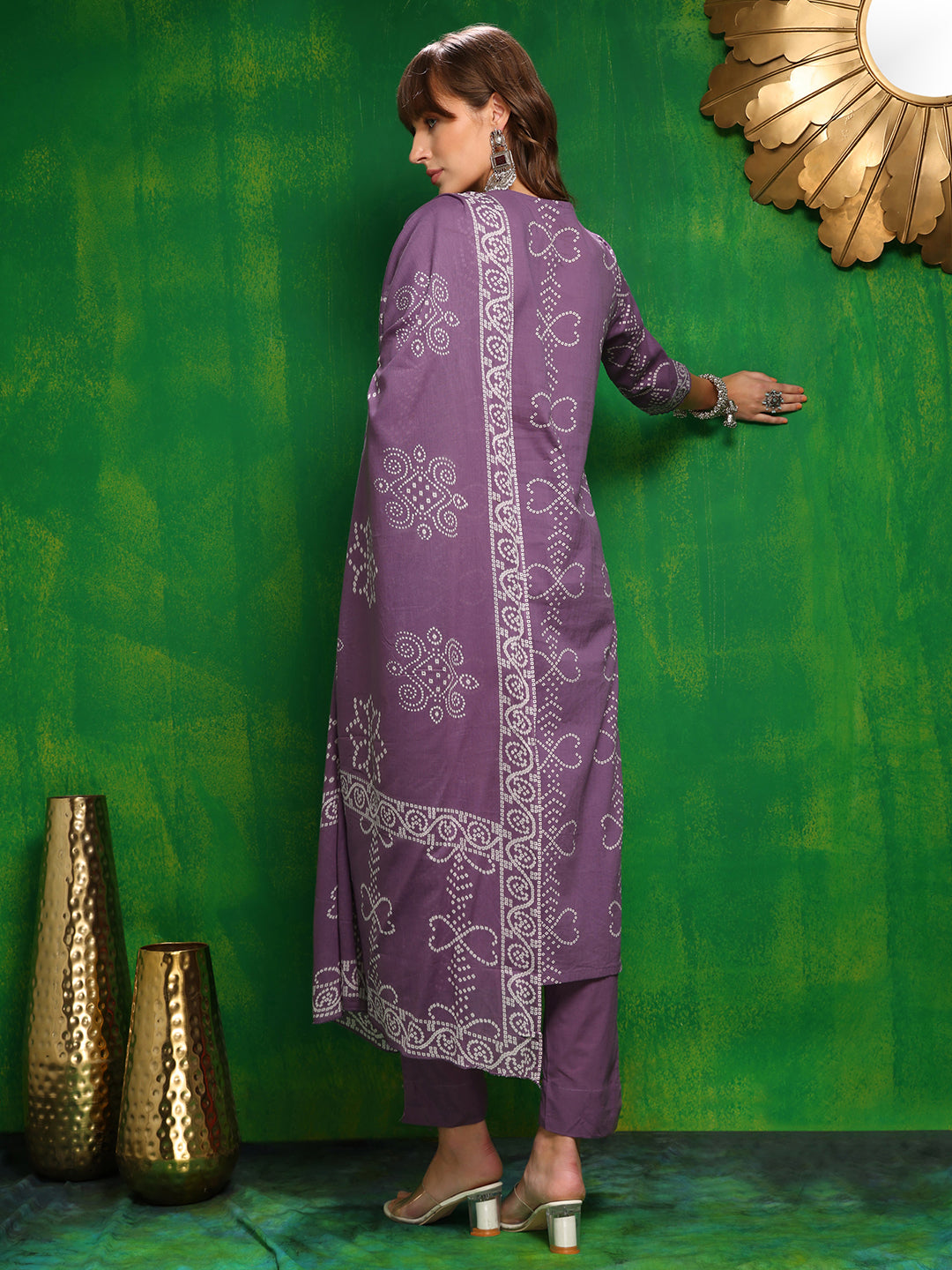 Bandhani Printed And Embroidered Kurta With Pant & Dupatta, Lavender - Hiral Fashion