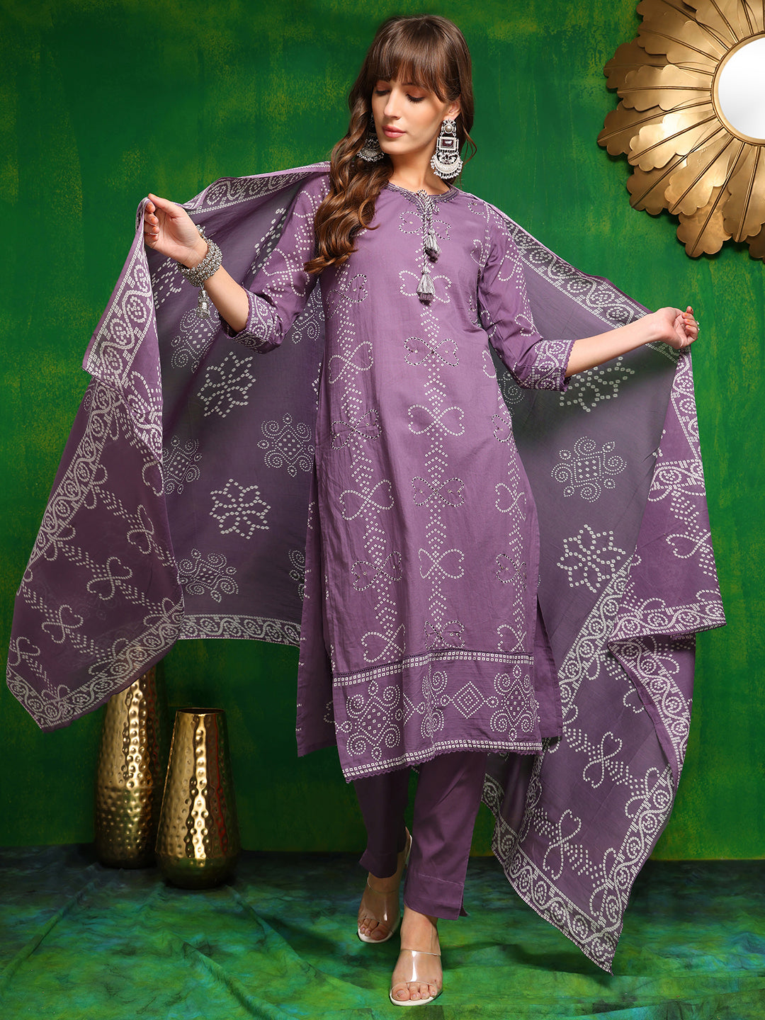 Bandhani Printed And Embroidered Kurta With Pant & Dupatta, Lavender - Hiral Fashion