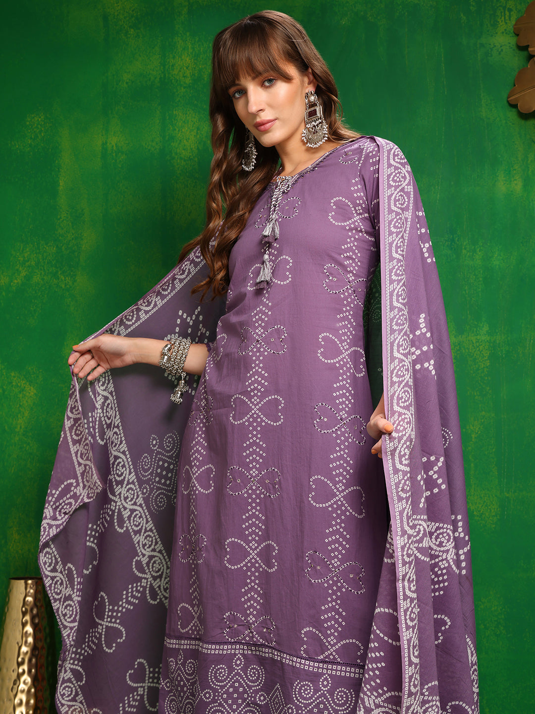 Bandhani Printed And Embroidered Kurta With Pant & Dupatta, Lavender - Hiral Fashion