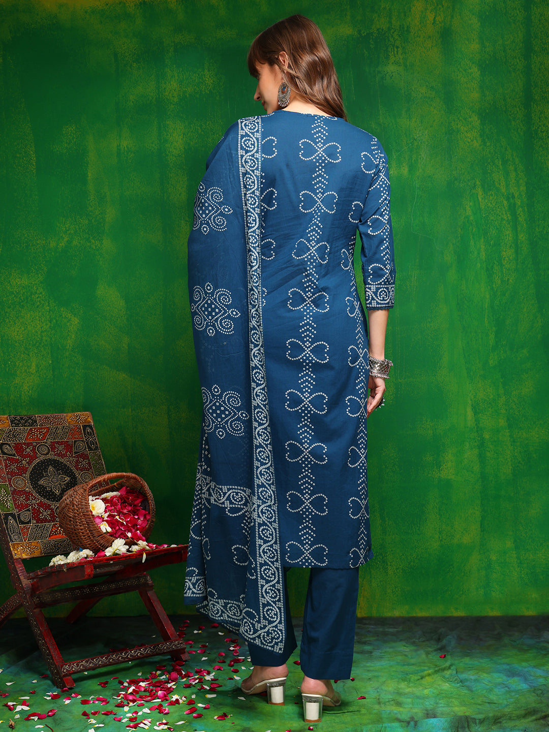 Bandhani Printed And Embroidered Kurta With Pant & Dupatta, Blue - Hiral Fashion