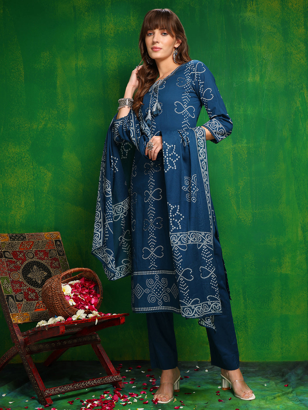Bandhani Printed And Embroidered Kurta With Pant & Dupatta, Blue - Hiral Fashion