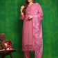 Artificial Flower & Lace Detailing Kurta With Pant & Dupatta, Pink - Hiral Fashion