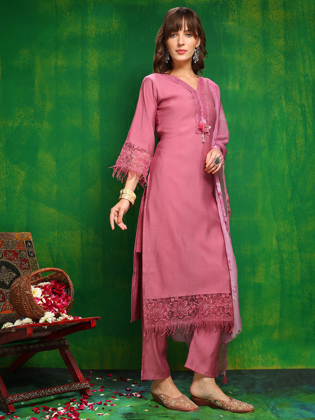 Artificial Flower & Lace Detailing Kurta With Pant & Dupatta, Pink - Hiral Fashion