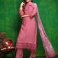 Artificial Flower & Lace Detailing Kurta With Pant & Dupatta, Pink - Hiral Fashion