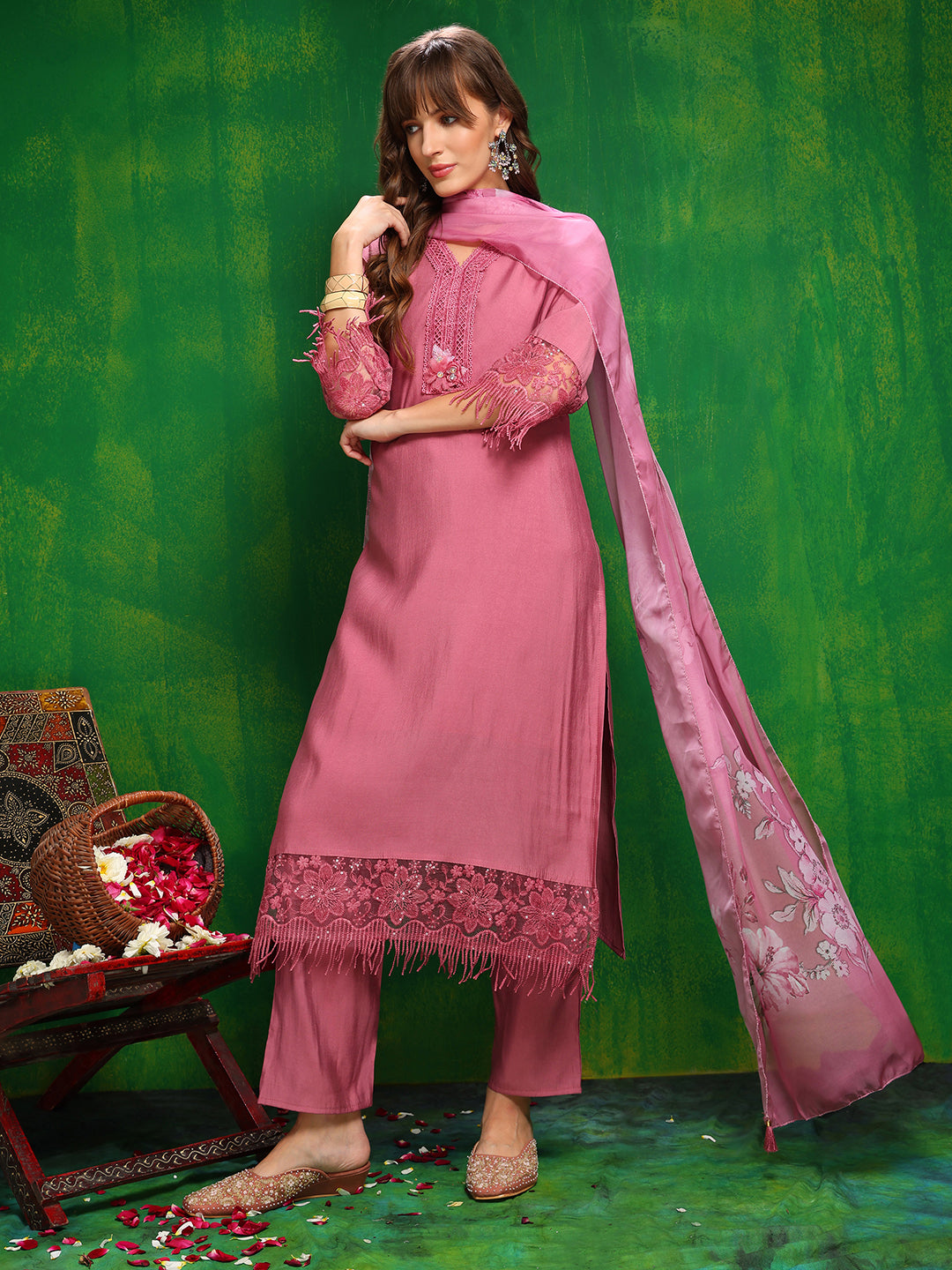 Artificial Flower & Lace Detailing Kurta With Pant & Dupatta, Pink - Hiral Fashion