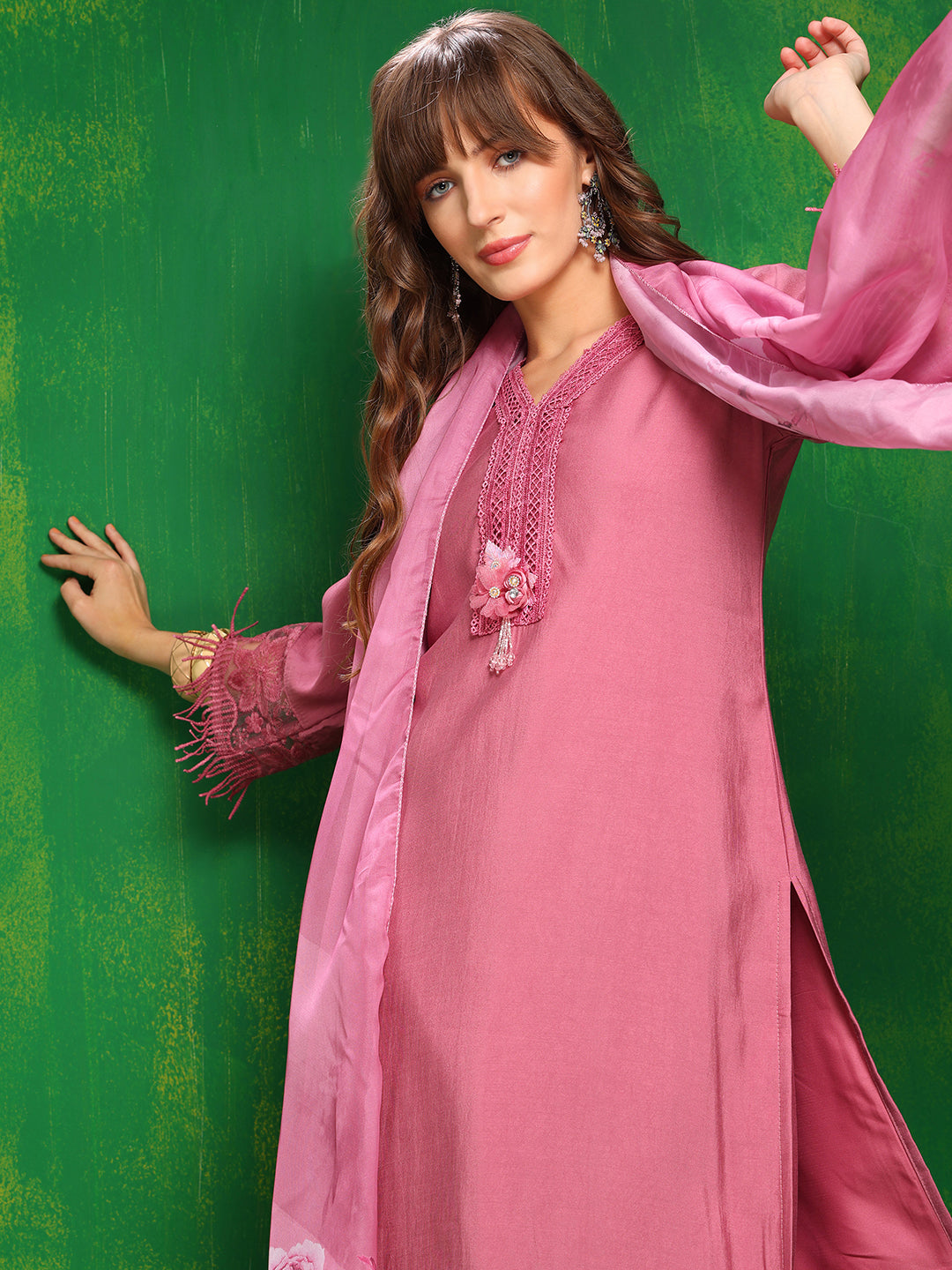 Artificial Flower & Lace Detailing Kurta With Pant & Dupatta, Pink - Hiral Fashion